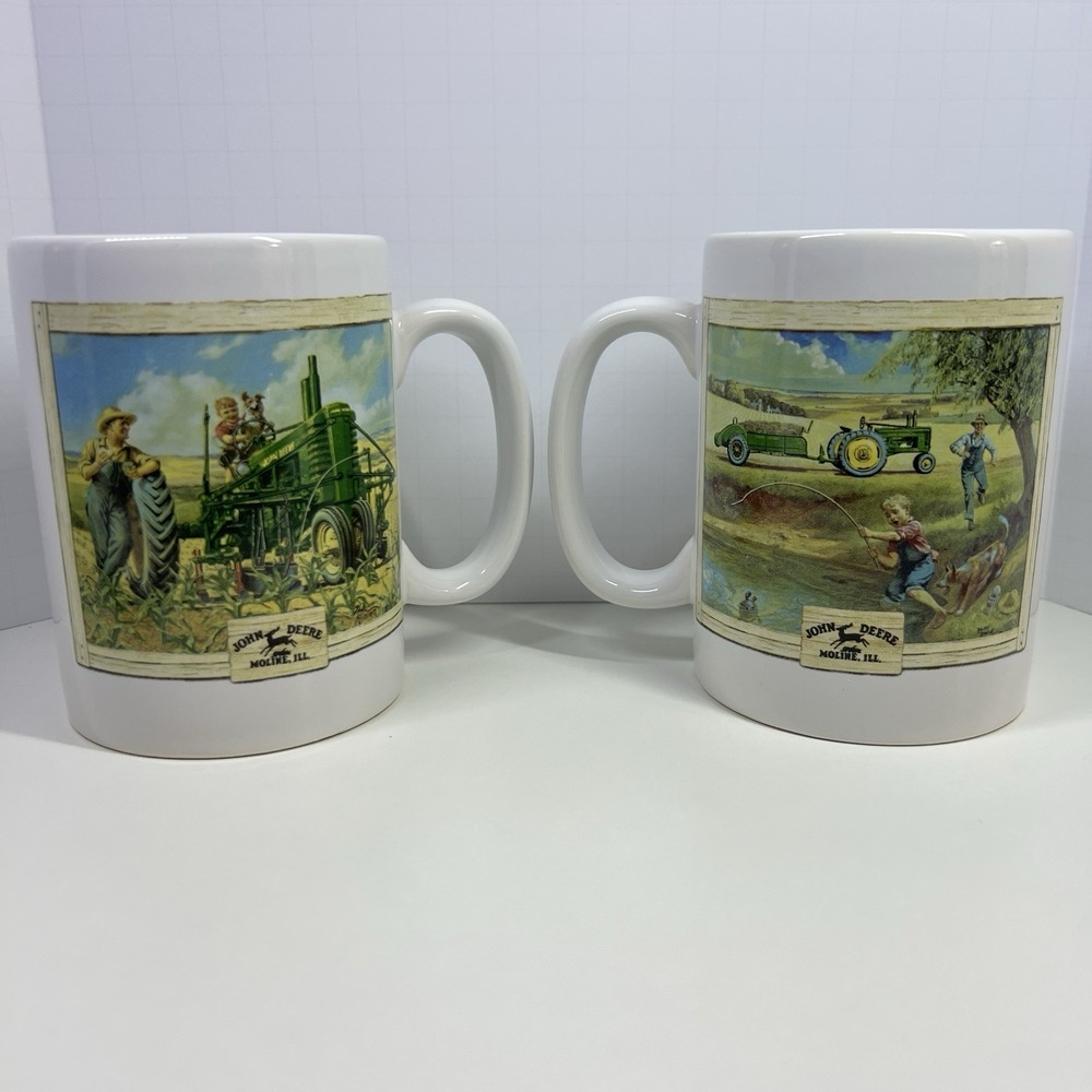 John Deere Coffee Mug Set of 2 Tractor‎ Country Kitchen Boy Dog Fishing Farm
